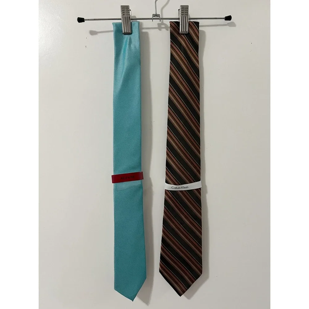Calvin Klein & Alfani Mens Necktie Bundle Silk Striped Brown Mint Blue 2 Pack